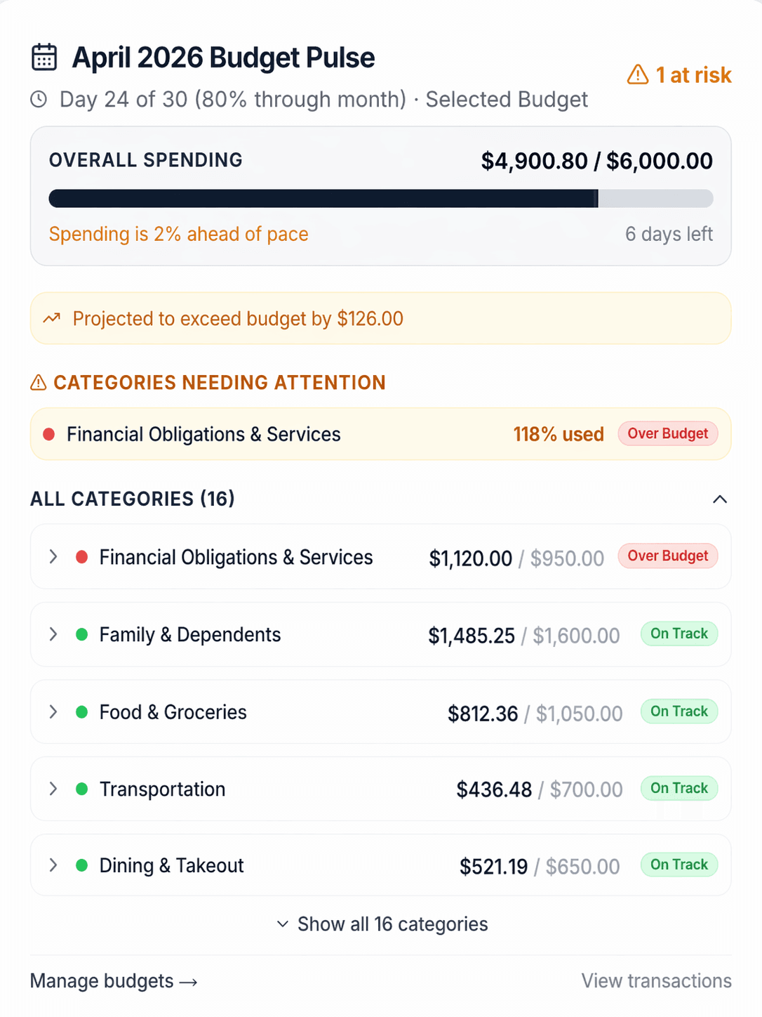 Expense Atlas budget pulse preview with monthly spending progress